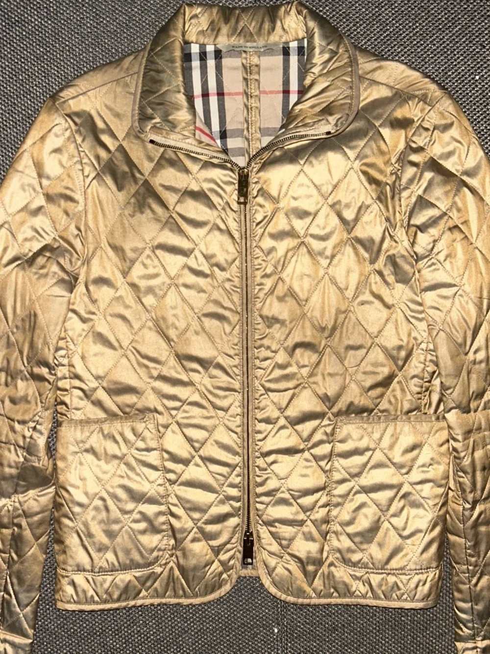Burberry Quilted Metallic Gold Full Zip Jacket with Plaid Lining